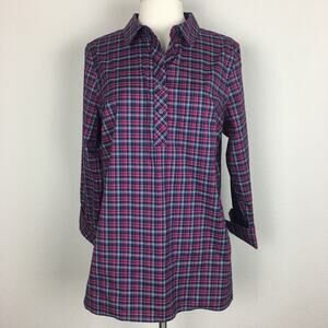Talbot's Magenta Navy Plaid Long Sleeve  Pop Over Top 14P